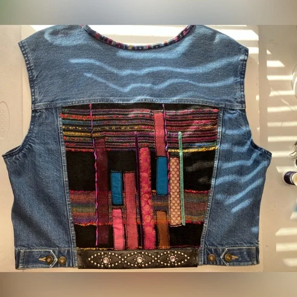 Women’s Denim Vest, Large, Handsewn/Upcycled, Multicolored, Distressed - Picture 4 of 9